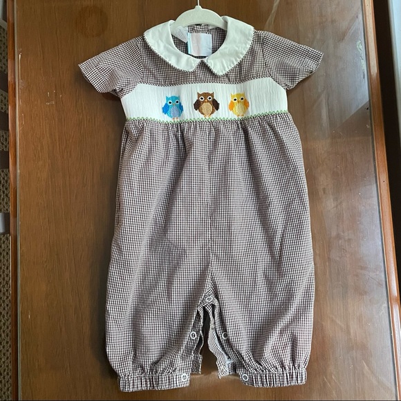 Southern Sunshine Brown Gingham Smocked Owl Romper - Picture 1 of 7